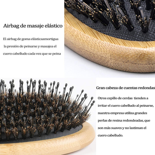 Cepillo De Pelo Con Auténticas Cerdas De Jabalí Y Peine, Cepillo Para El Pelo Para Cabello Débil O Fino, Cepillo De Pelo Neumático Con Mango Grande…